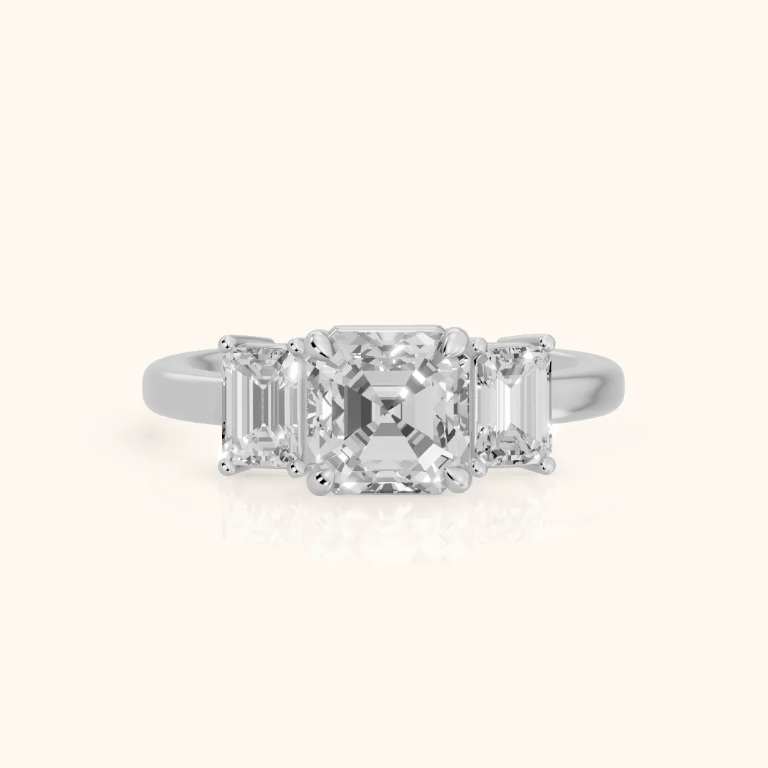 Zoe Three-Stone Asscher Diamond Ring in Platinum — view 2