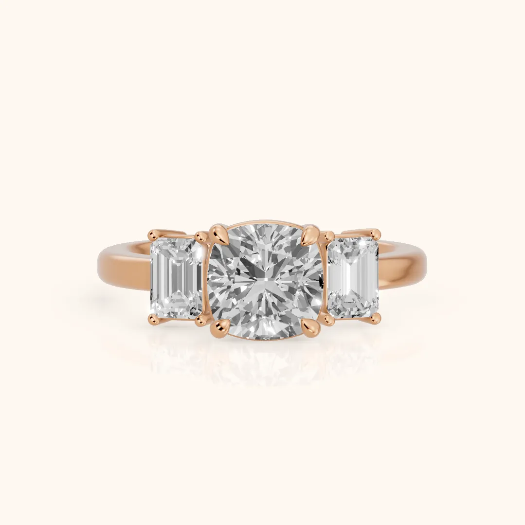 Zoe Three-Stone Cushion Diamond Ring in Rose Gold — view 2