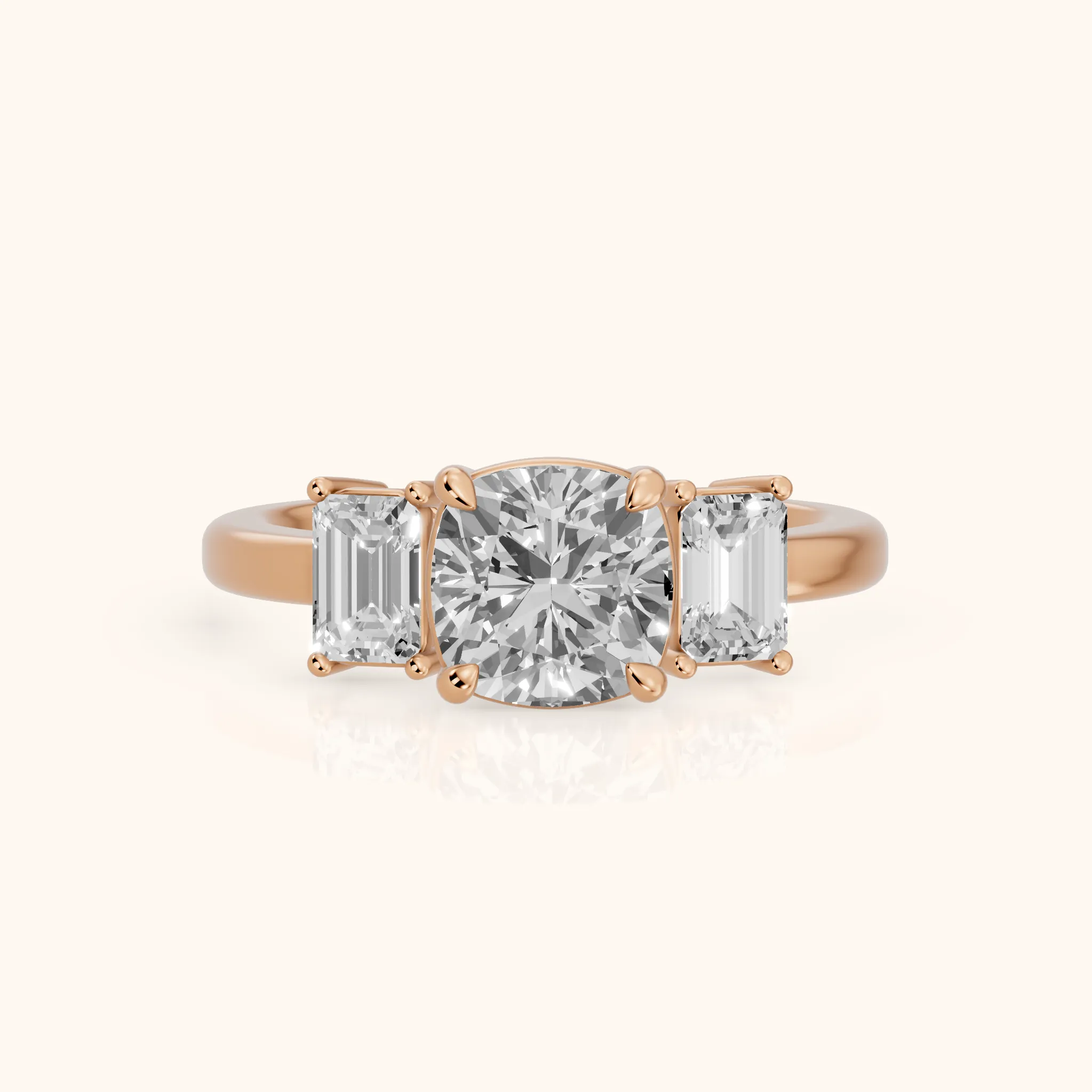 Zoe Three-Stone Cushion Diamond Ring in Rose Gold — view 1
