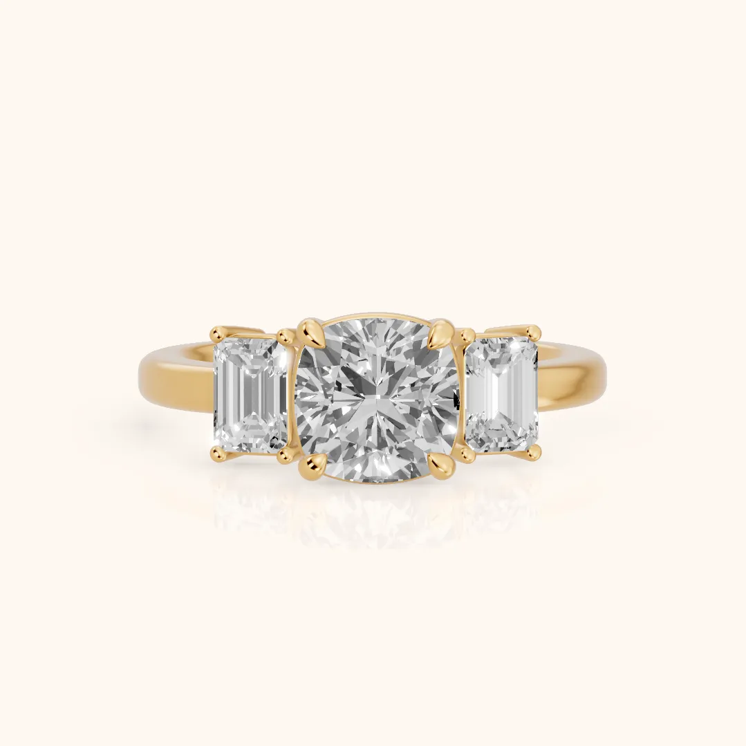 Zoe Three-Stone Cushion Diamond Ring in Yellow Gold — view 2