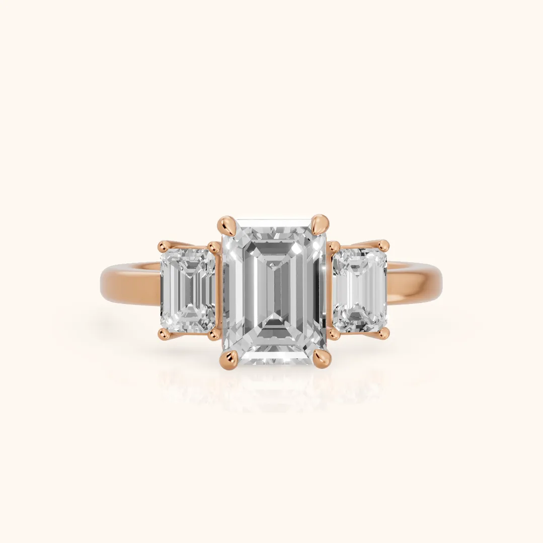 Zoe Three-Stone Emerald Diamond Ring in Rose Gold — view 2