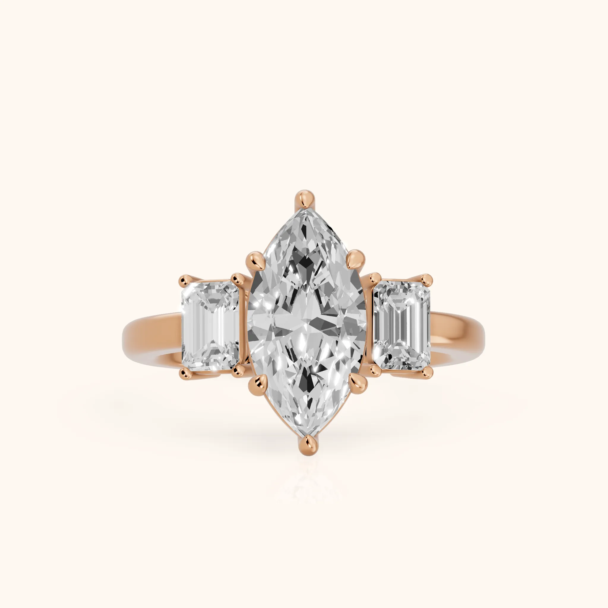 Zoe Three-Stone Marquise Diamond Ring in Rose Gold — view 1