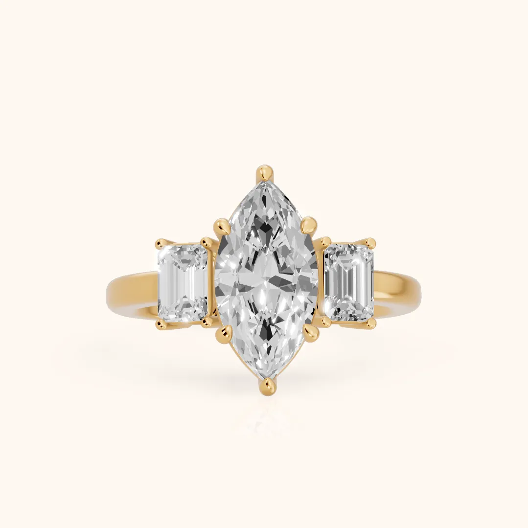 Zoe Three-Stone Marquise Diamond Ring in Yellow Gold — view 2