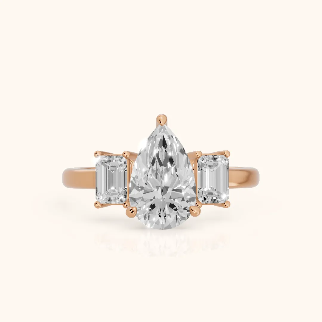 Zoe Three-Stone Pear Diamond Ring in Rose Gold — view 2
