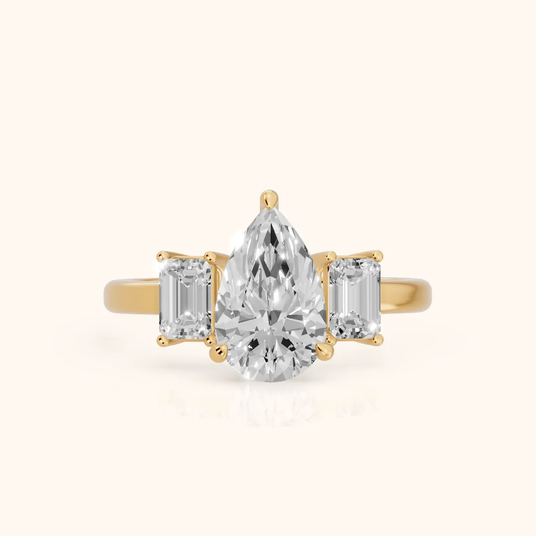 Zoe Three-Stone Pear Diamond Ring in Yellow Gold — view 2
