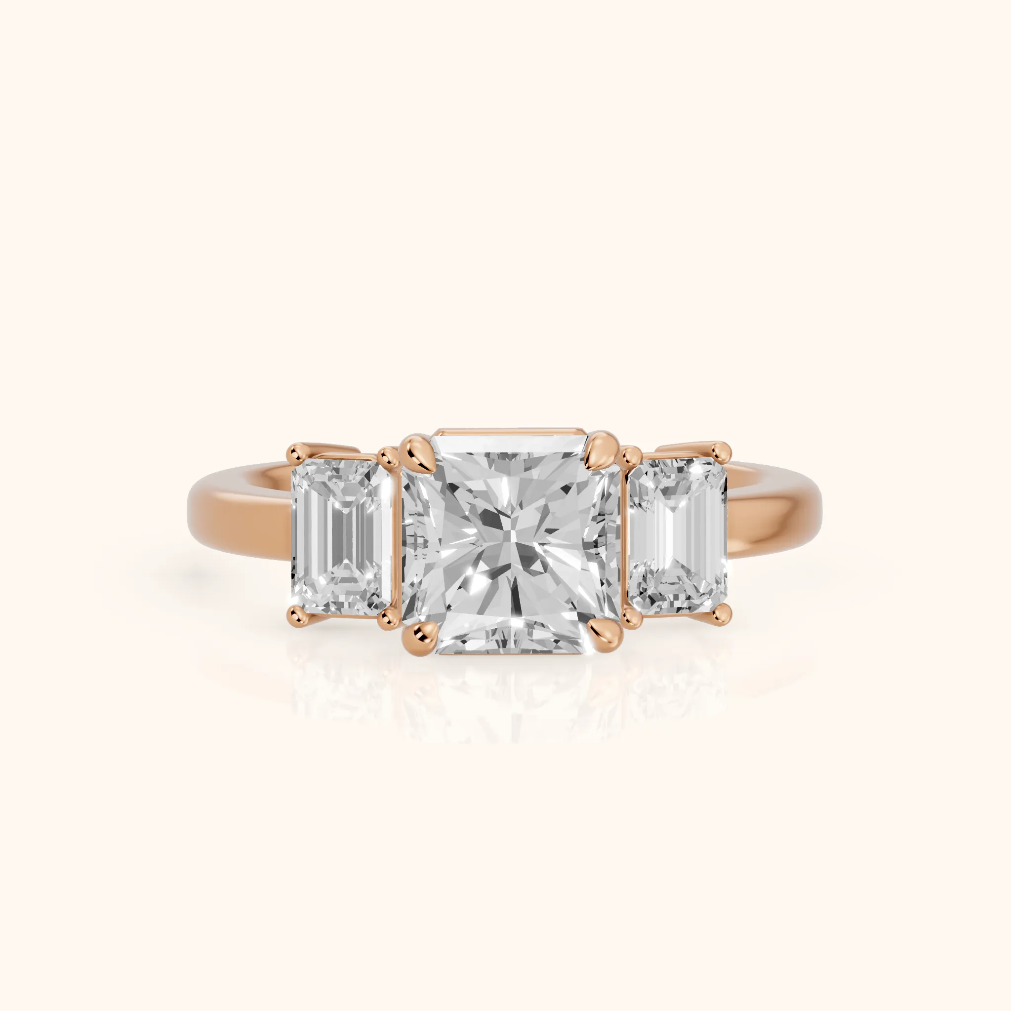 Zoe Three-Stone Radiant Diamond Ring in Rose Gold — view 1