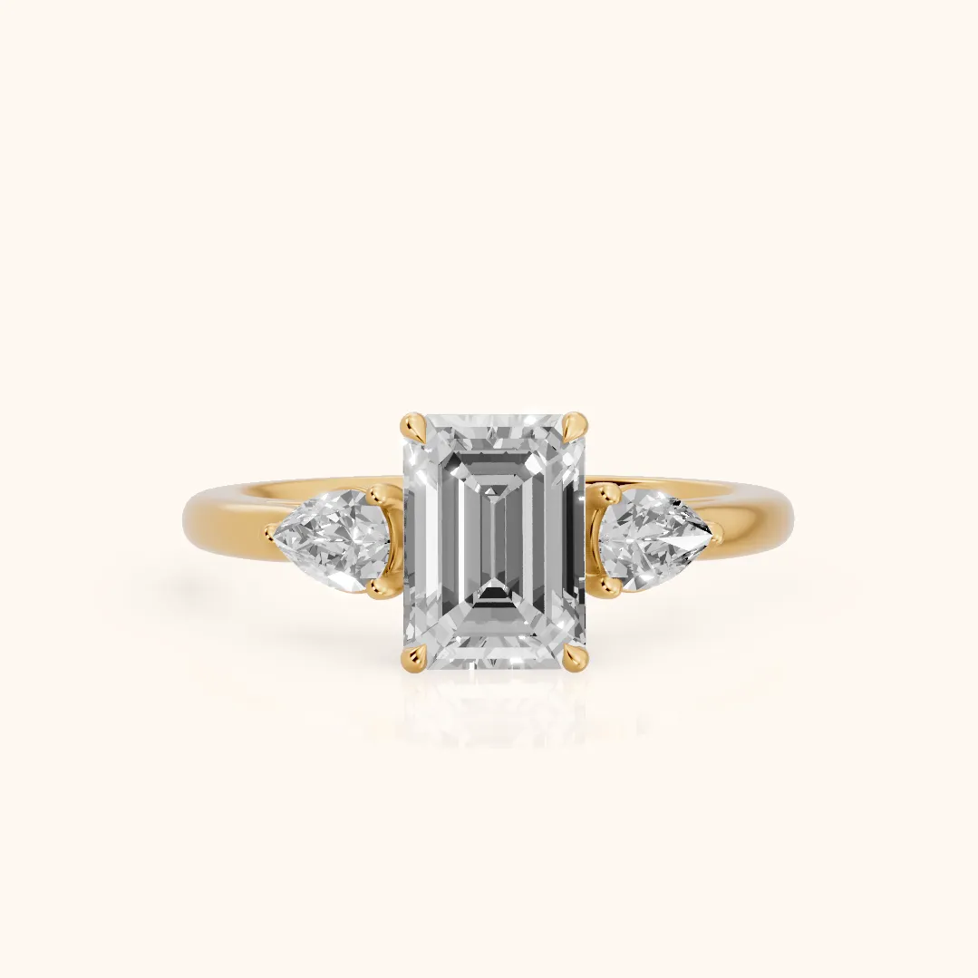 Phoebe Three-Stone Emerald Diamond Ring in Yellow Gold — view 2