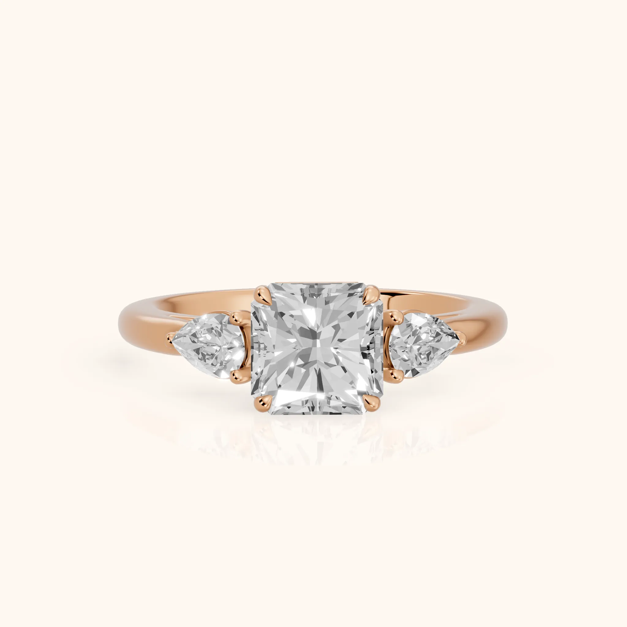 Phoebe Three-Stone Radiant Diamond Ring in Rose Gold — view 1