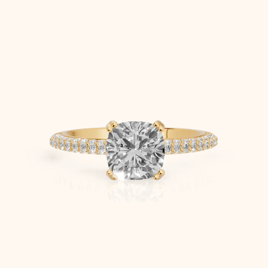 Violet Hidden Halo Pavé Cushion Diamond Ring in Yellow Gold — view 2