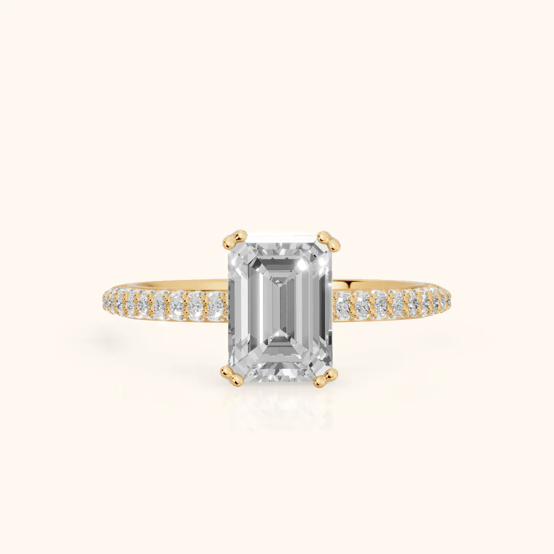 Violet Hidden Halo Pavé Emerald Diamond Ring in Yellow Gold — view 2