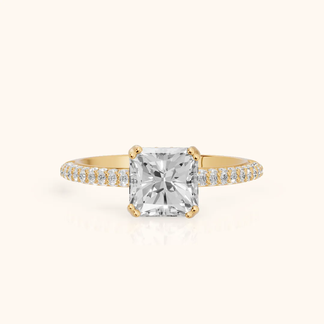 Violet Hidden Halo Pavé Radiant Diamond Ring in Yellow Gold — view 2