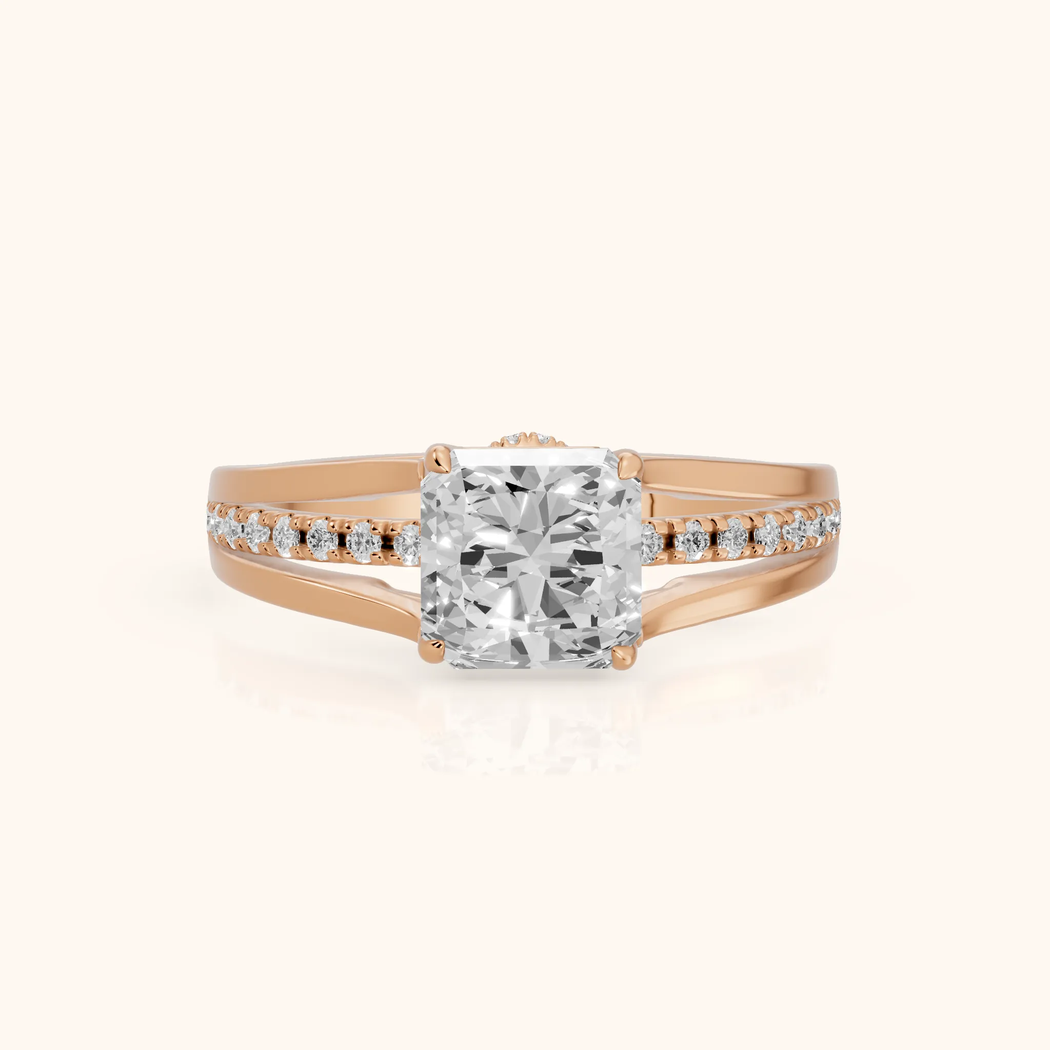 Scarlett Split Shank Pavé Radiant Diamond Ring in Rose Gold — view 1