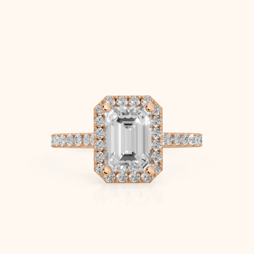Sophie Halo Pavé Emerald Diamond Ring in Rose Gold — view 2