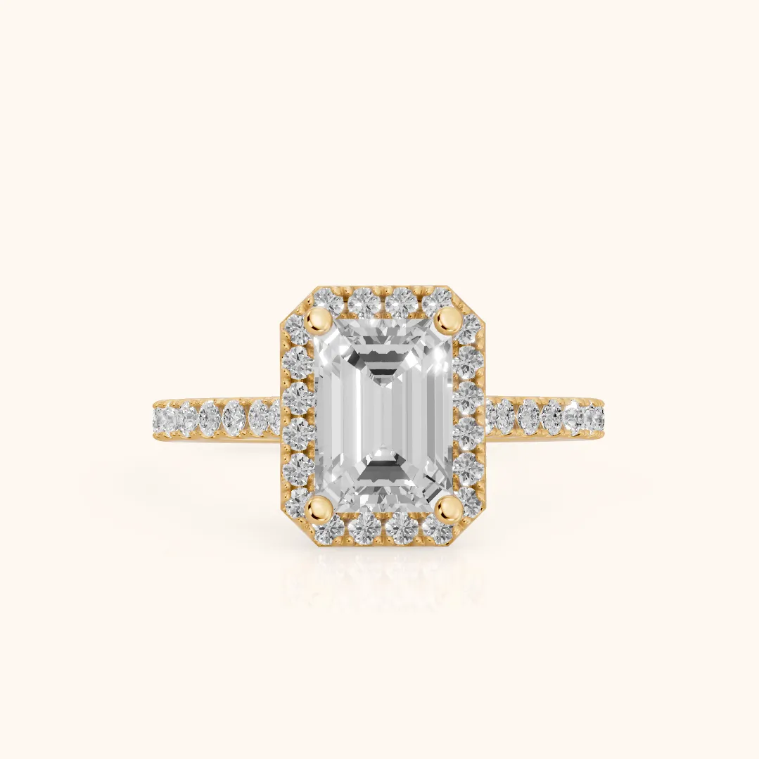 Sophie Halo Pavé Emerald Diamond Ring in Yellow Gold — view 2