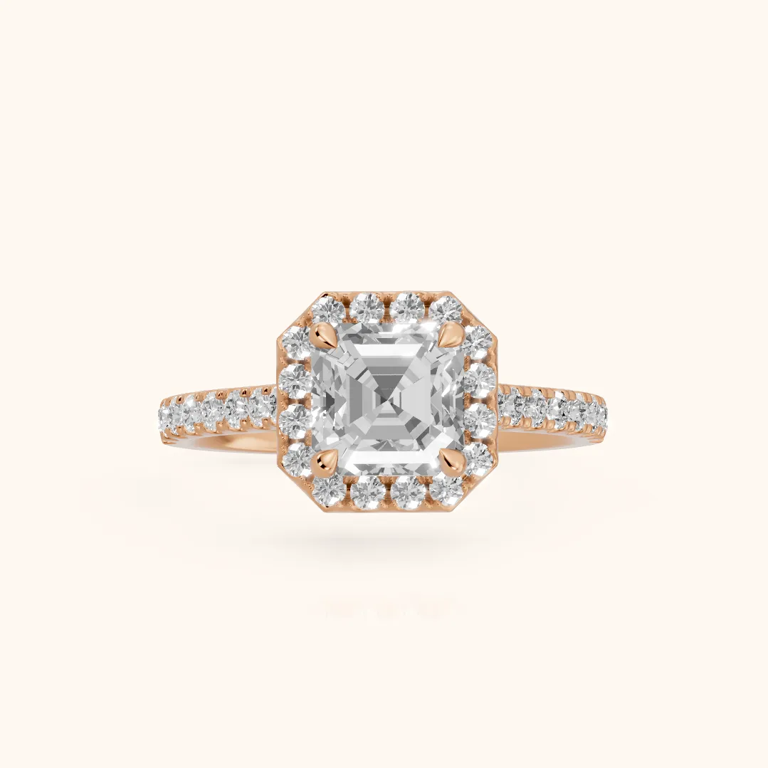 Amara Halo Claw Prong Asscher Diamond Ring in Rose Gold — view 2