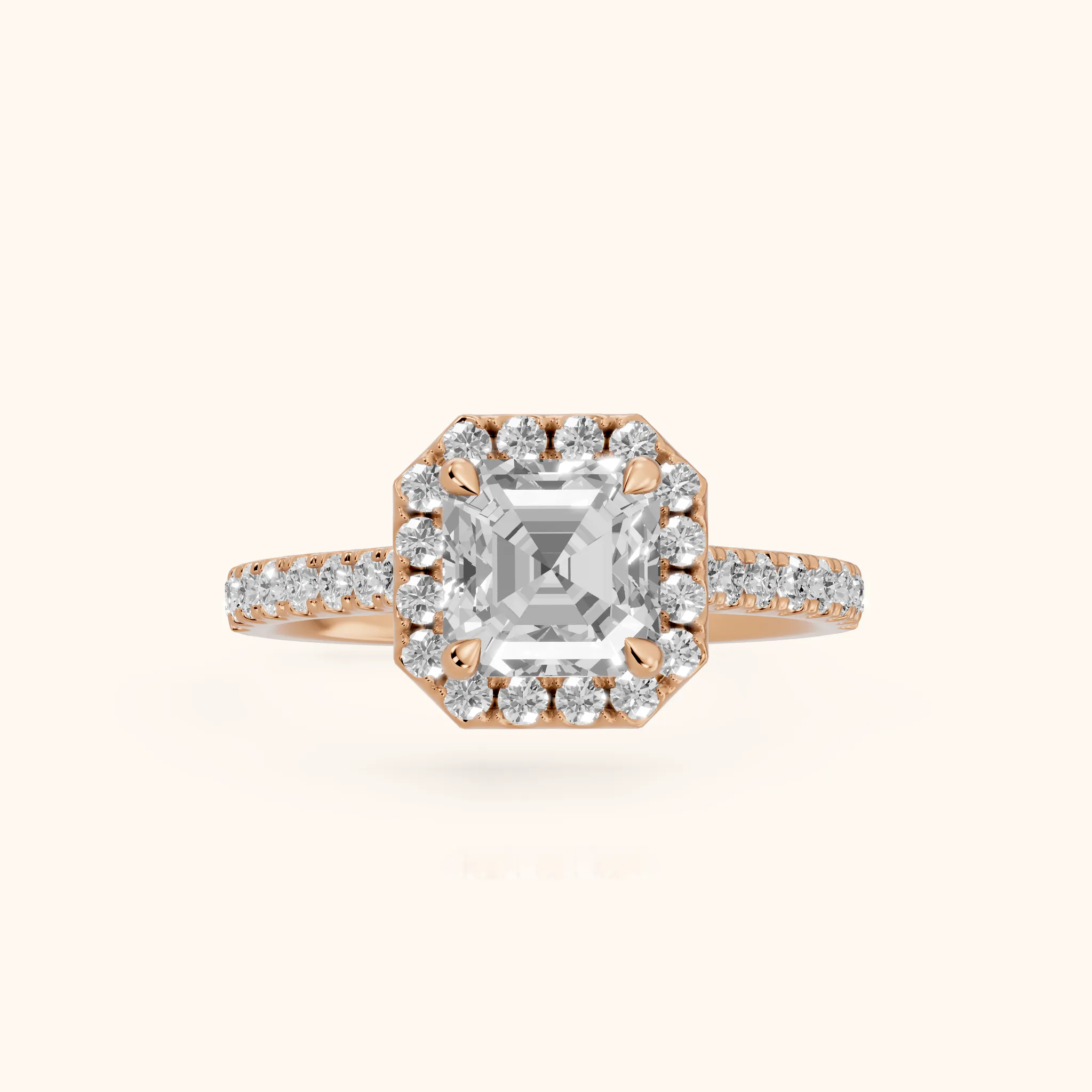 Amara Halo Claw Prong Asscher Diamond Ring in Rose Gold — view 1