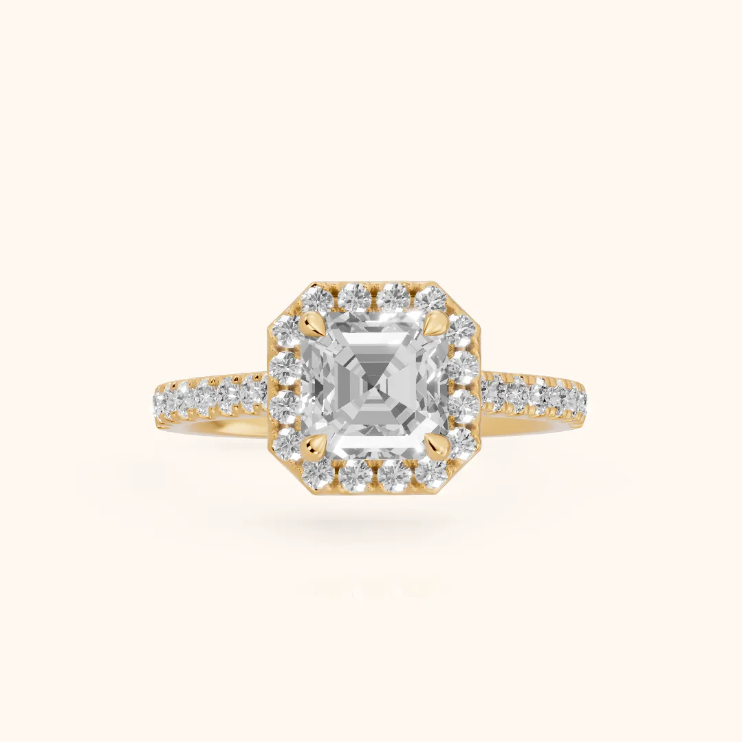 Amara Halo Claw Prong Asscher Diamond Ring in Yellow Gold — view 2