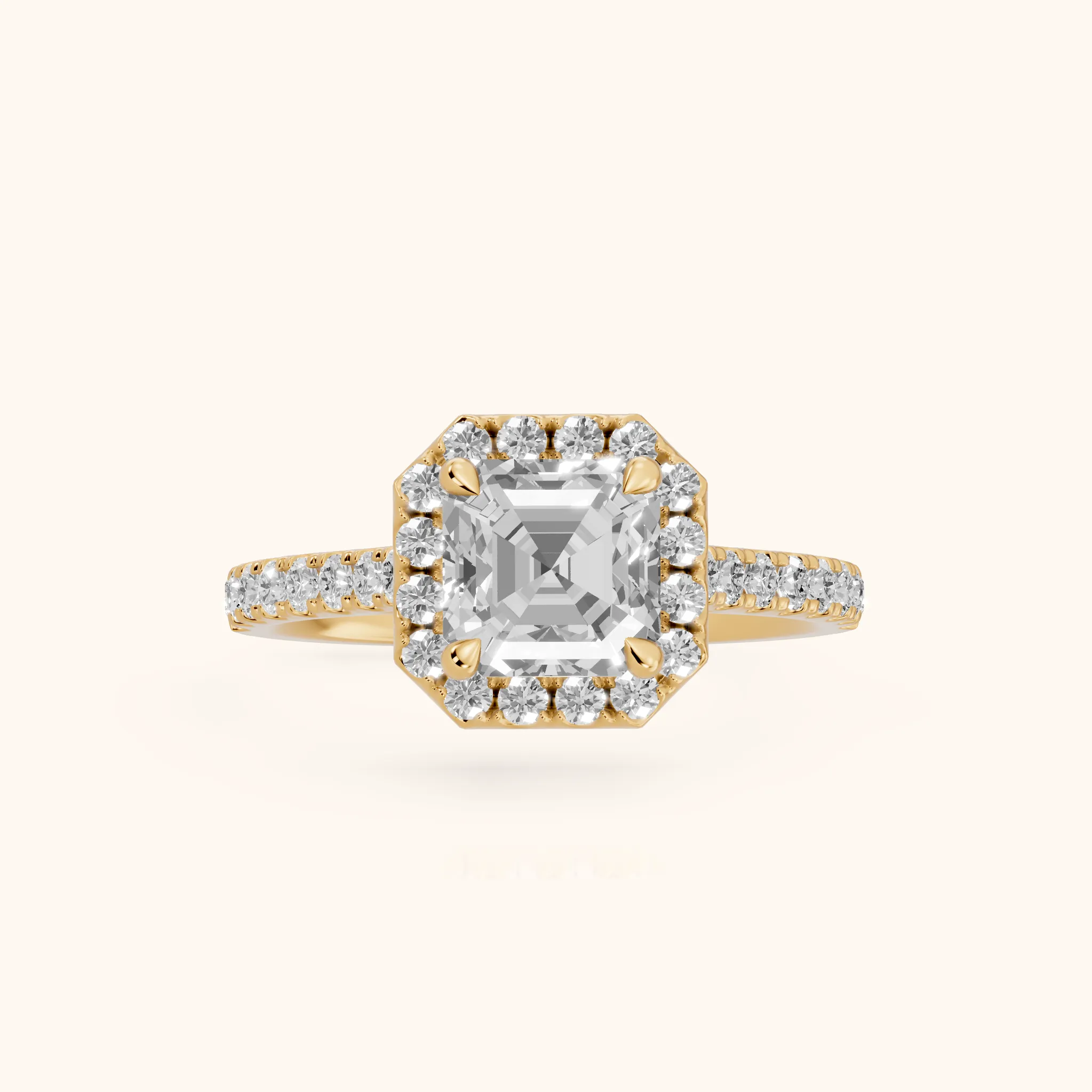Amara Halo Claw Prong Asscher Diamond Ring in Yellow Gold — view 1