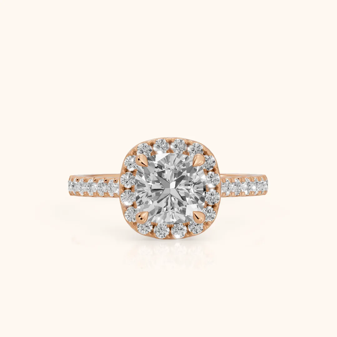 Amara Halo Claw Prong Cushion Diamond Ring in Rose Gold — view 2