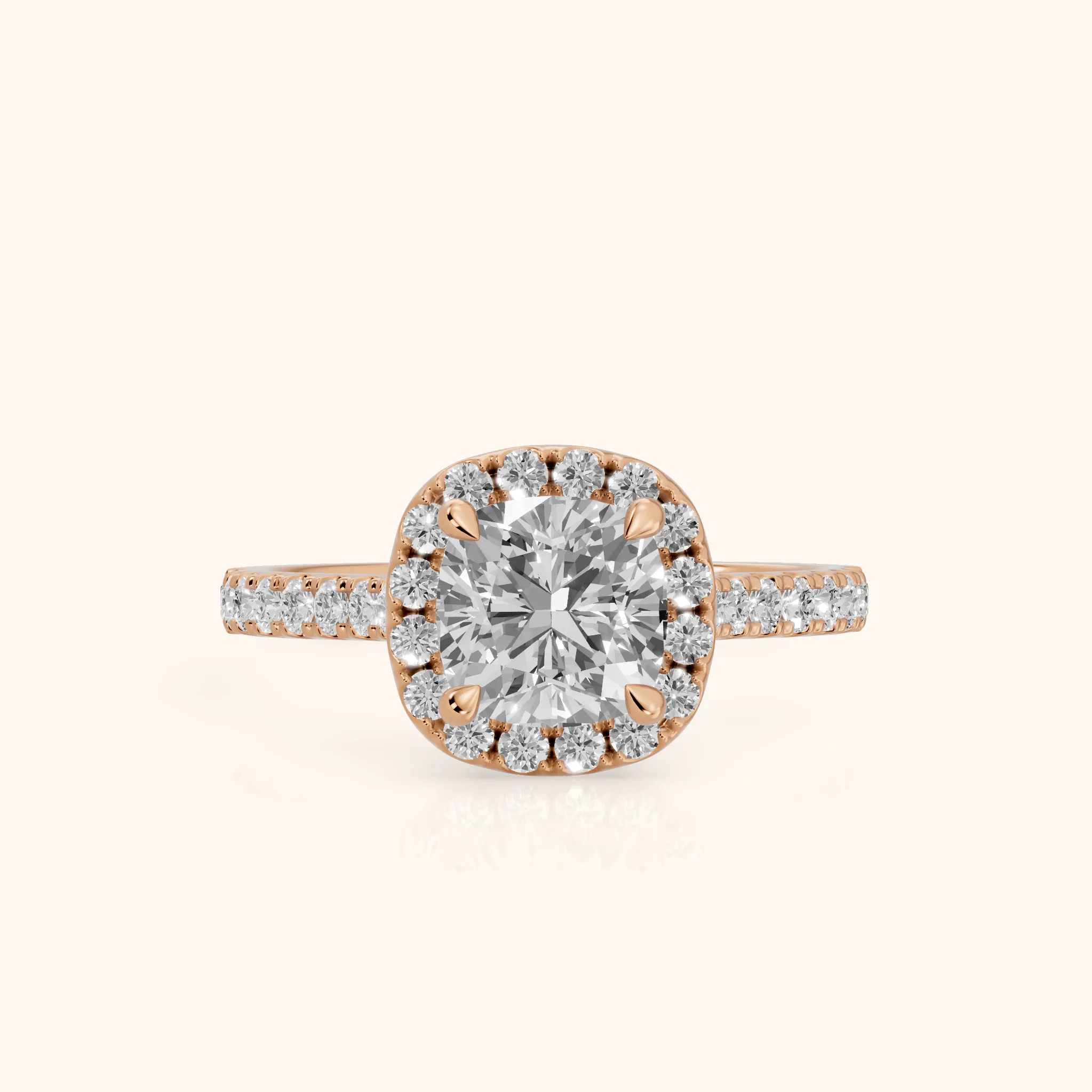 Amara Halo Claw Prong Cushion Diamond Ring in Rose Gold — view 1