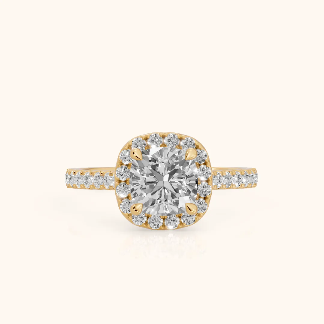 Amara Halo Claw Prong Cushion Diamond Ring in Yellow Gold — view 2