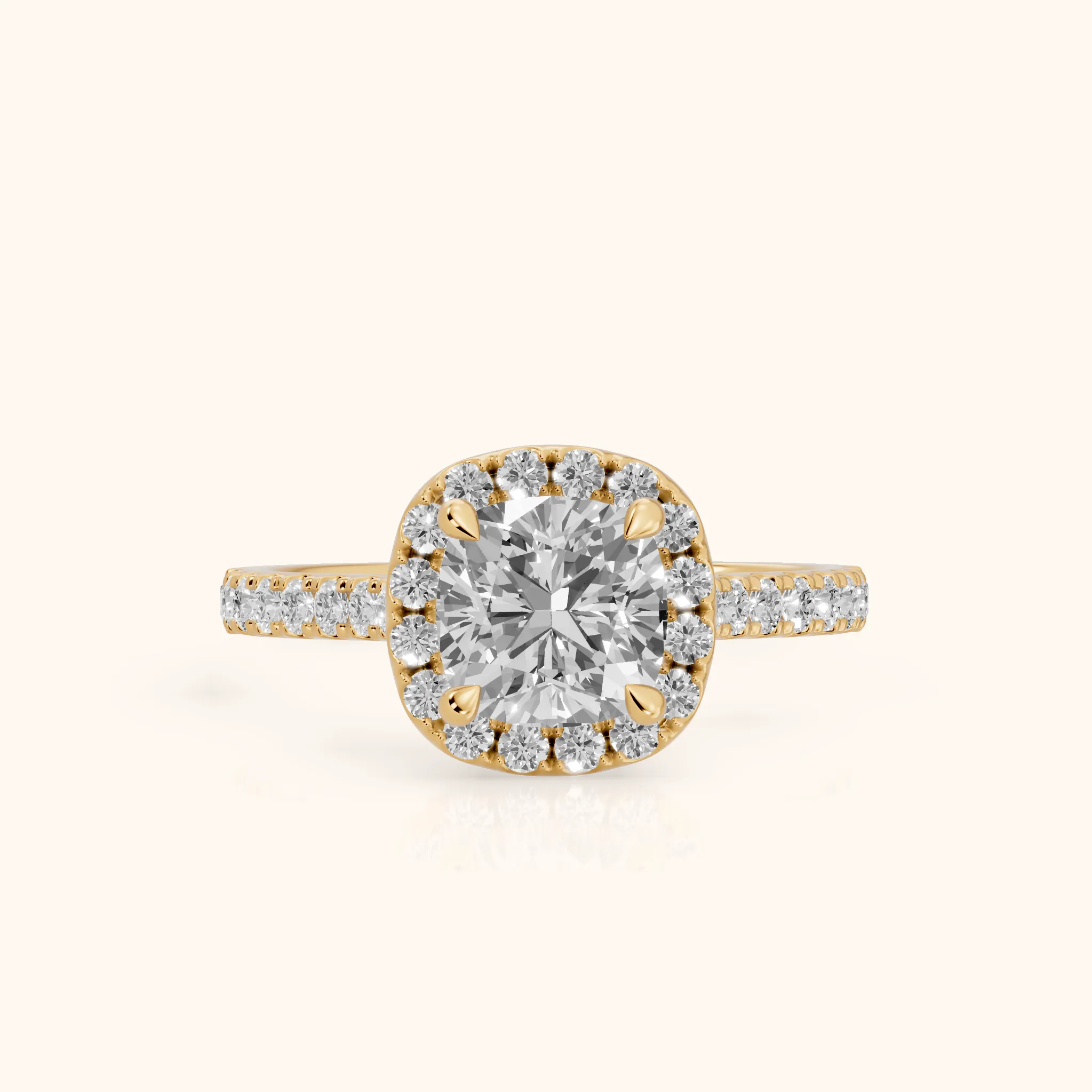 Amara Halo Claw Prong Cushion Diamond Ring in Yellow Gold — view 1