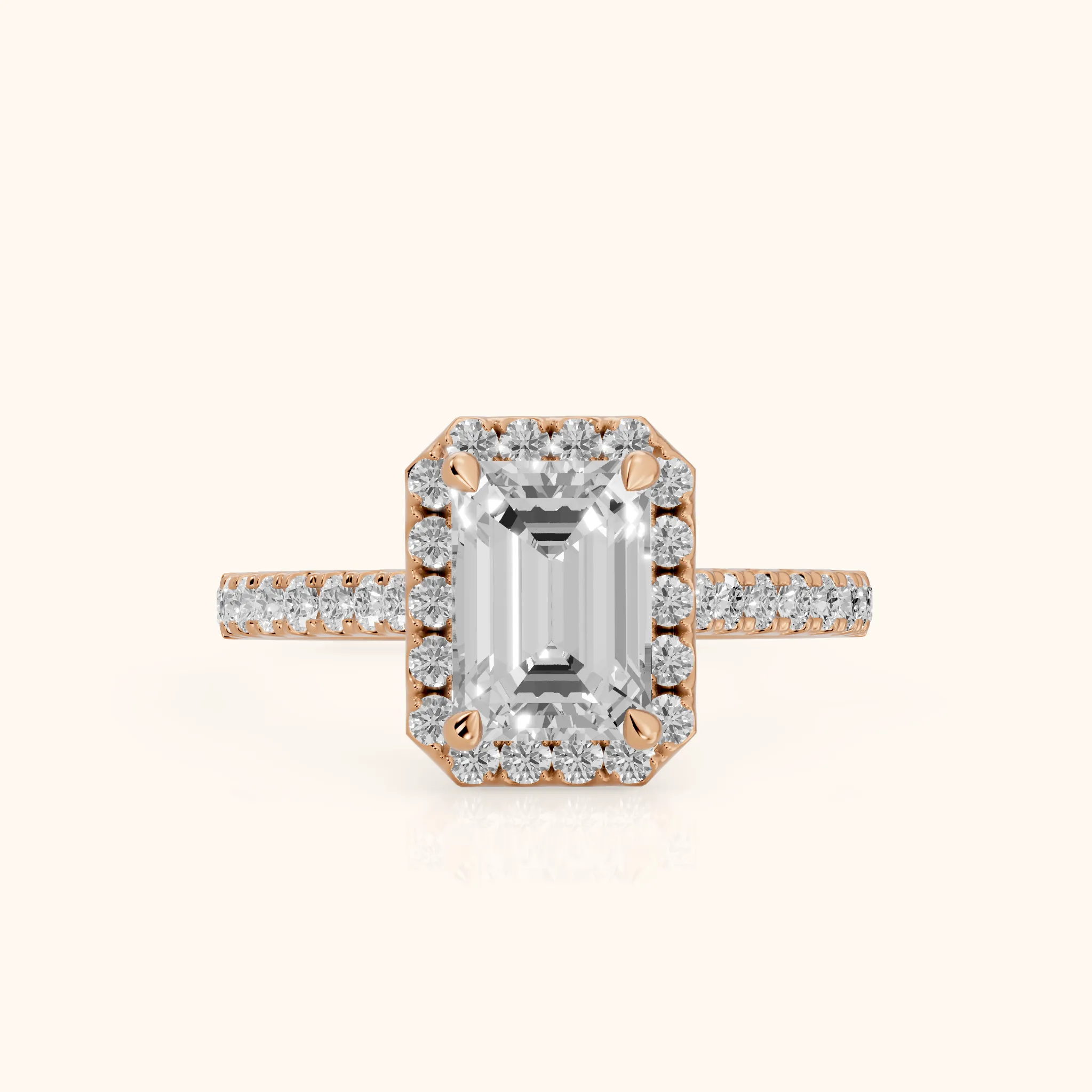 Amara Halo Claw Prong Emerald Diamond Ring in Rose Gold — view 1