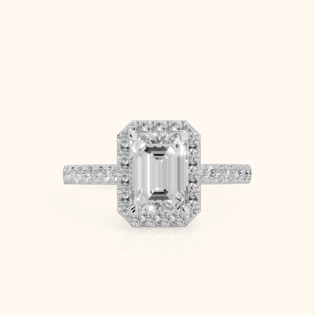 Amara Halo Claw Prong Emerald Diamond Ring in Platinum — view 2