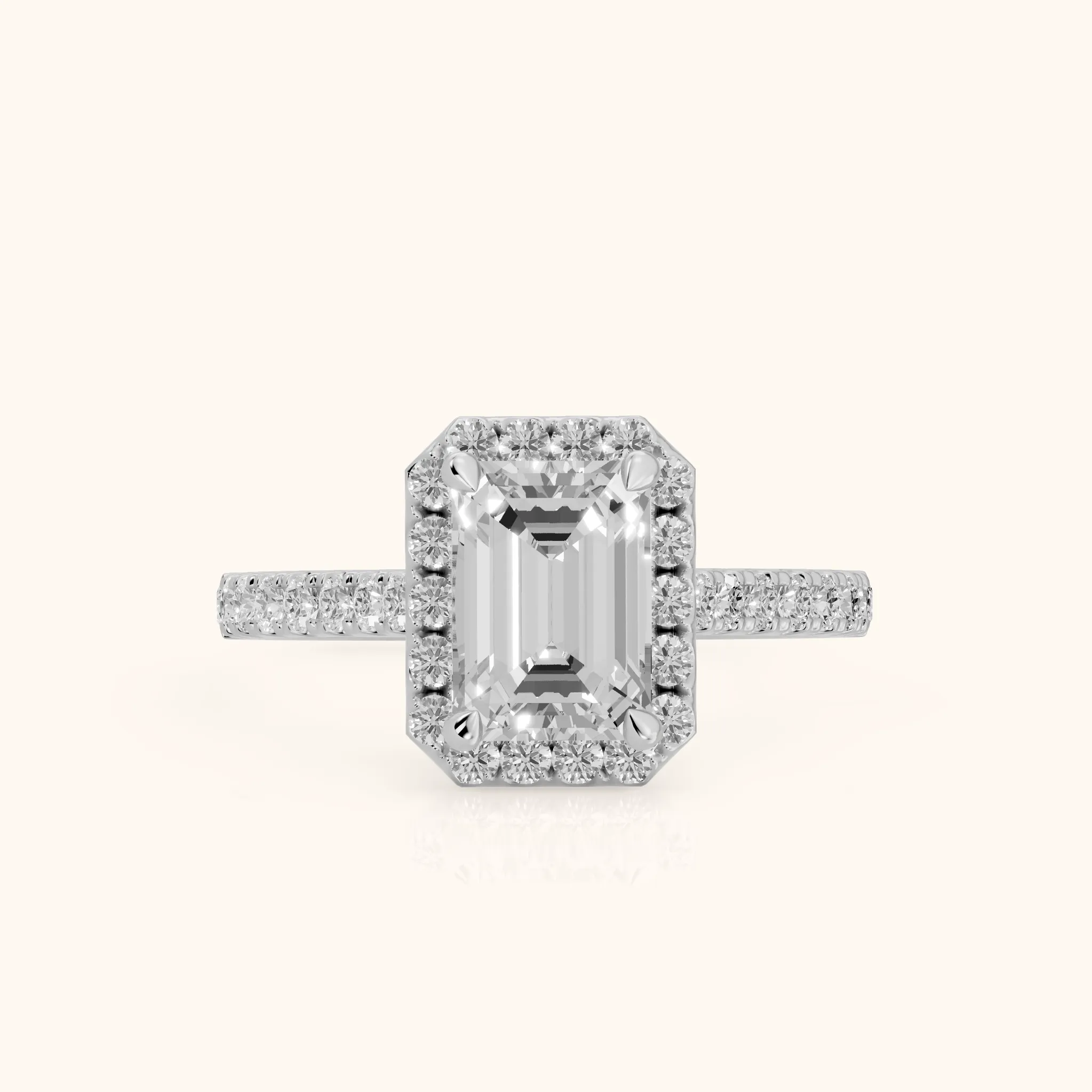 Amara Halo Claw Prong Emerald Diamond Ring in Platinum — view 1