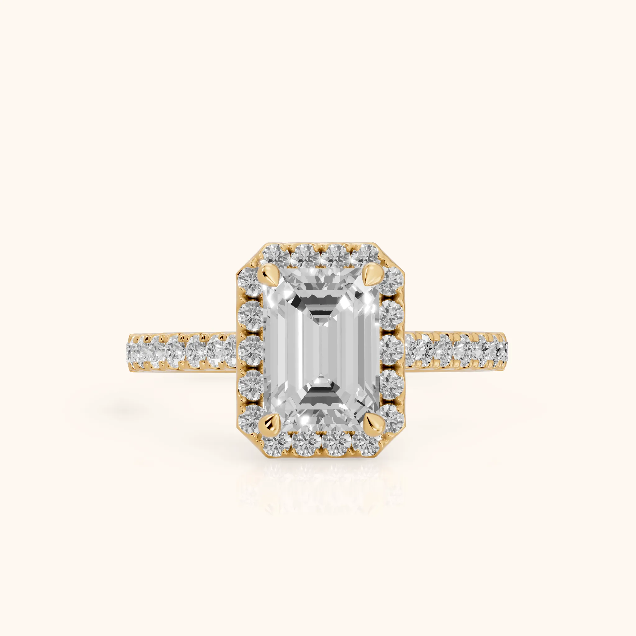 Amara Halo Claw Prong Emerald Diamond Ring in Yellow Gold — view 1