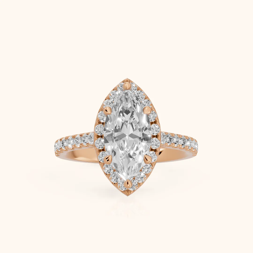 Amara Halo Claw Prong Marquise Diamond Ring in Rose Gold — view 2