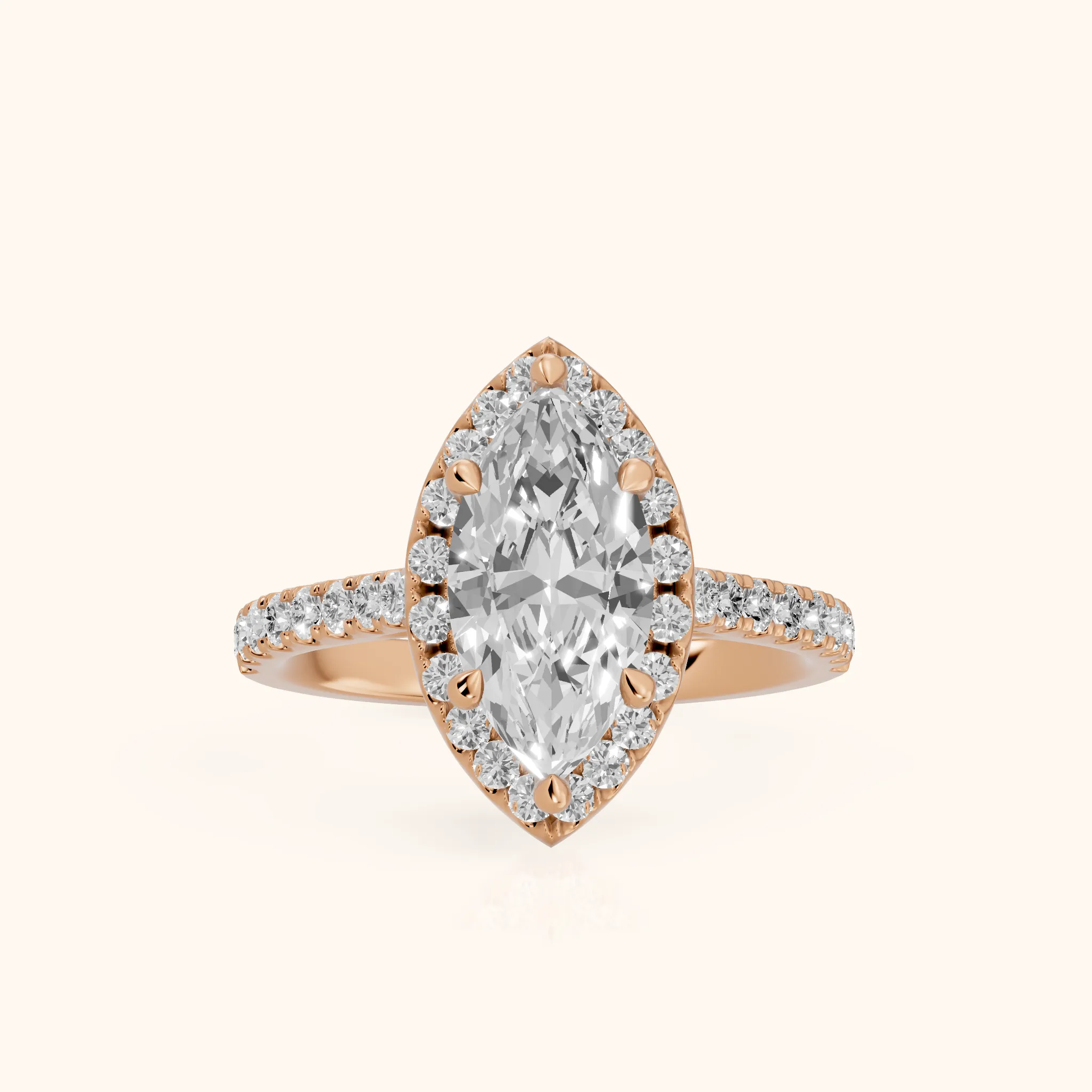 Amara Halo Claw Prong Marquise Diamond Ring in Rose Gold — view 1