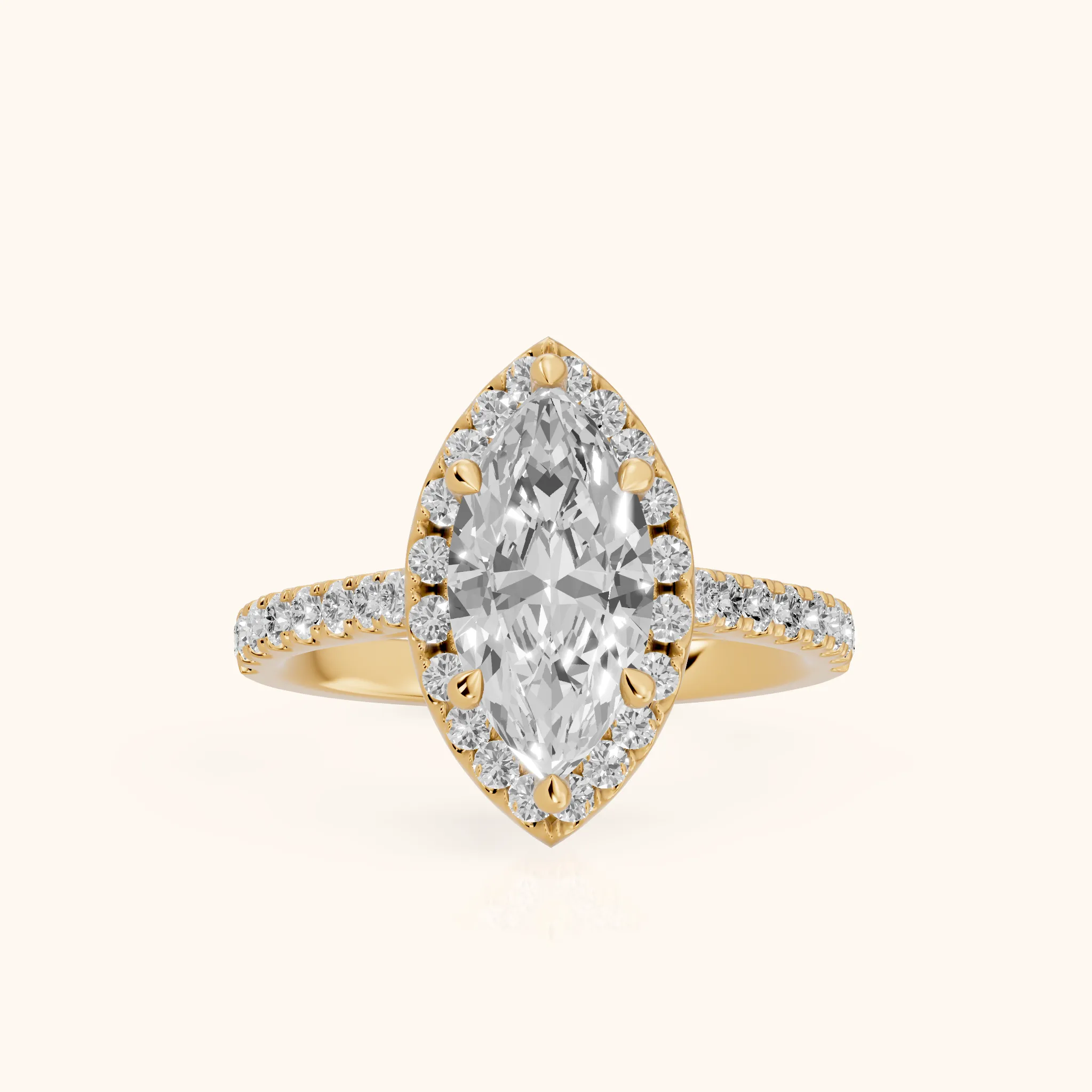 Amara Halo Claw Prong Marquise Diamond Ring in Yellow Gold — view 1