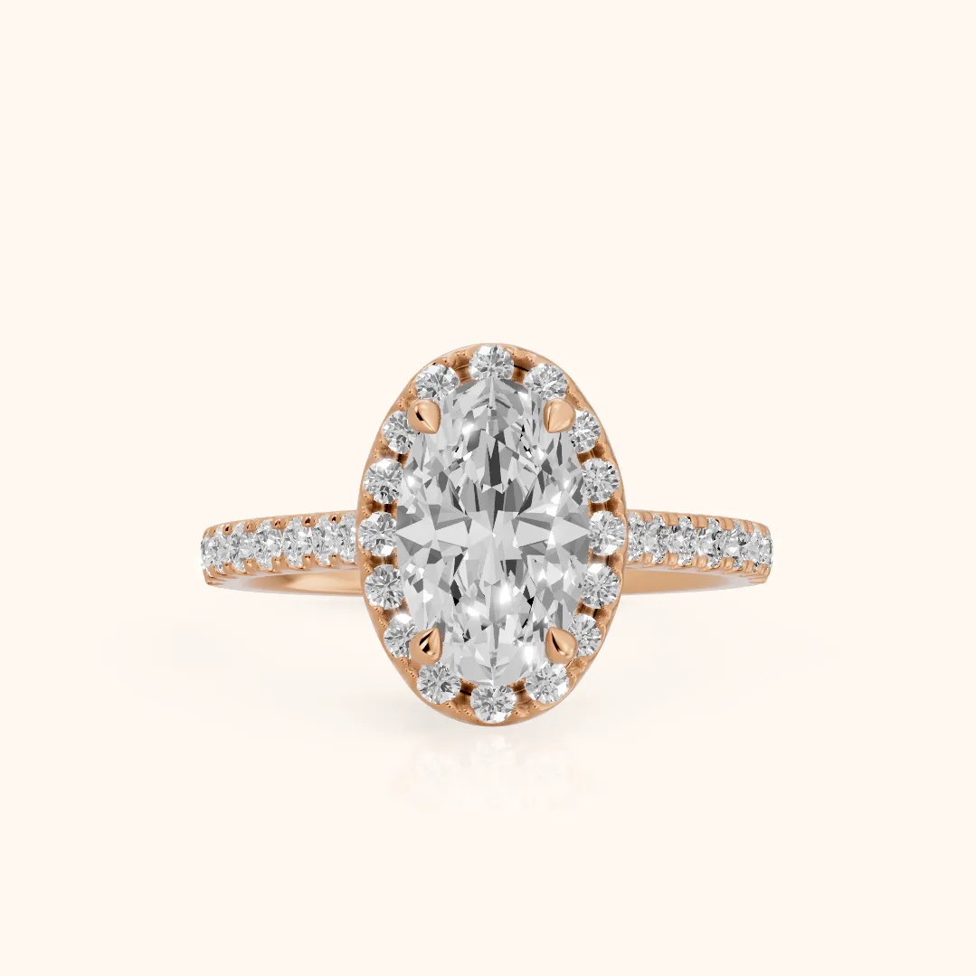 Amara Halo Claw Prong Oval Diamond Ring in Rose Gold — view 2