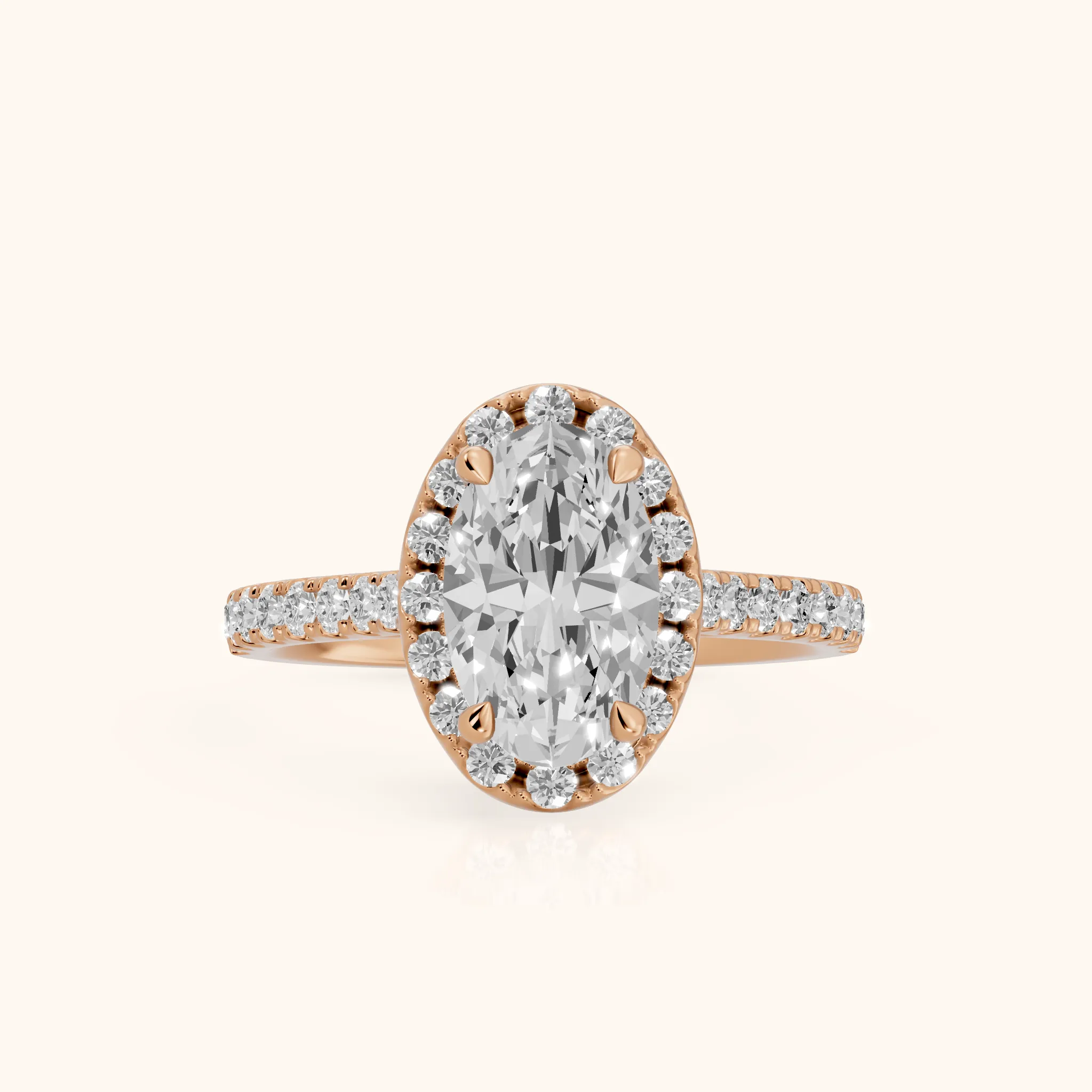 Amara Halo Claw Prong Oval Diamond Ring in Rose Gold — view 1