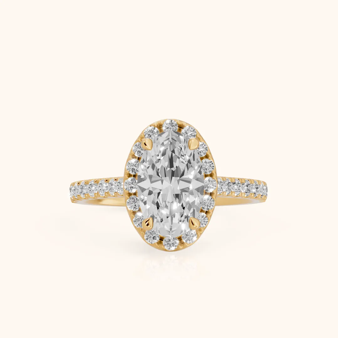 Amara Halo Claw Prong Oval Diamond Ring in Yellow Gold — view 2