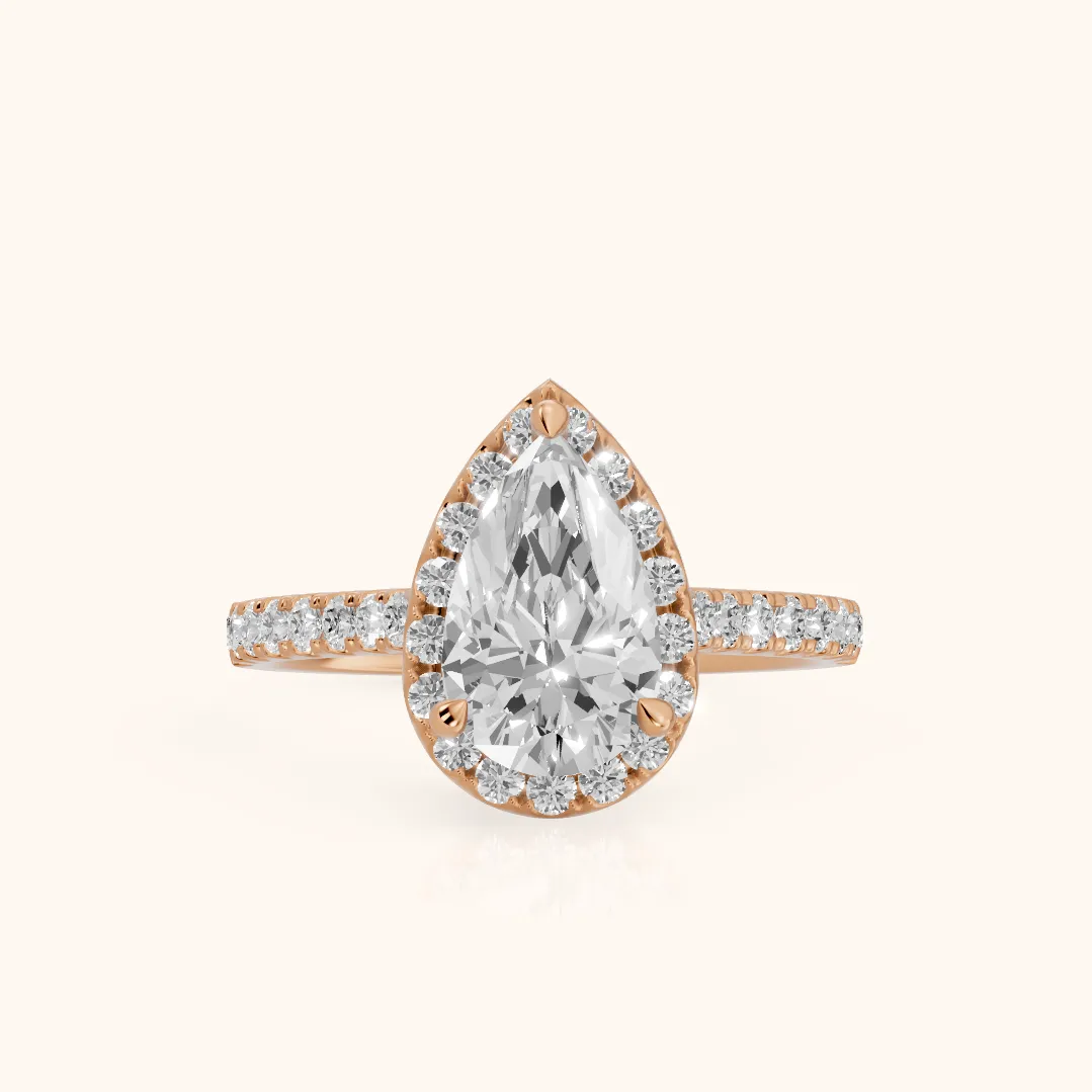 Amara Halo Claw Prong Pear Diamond Ring in Rose Gold — view 2