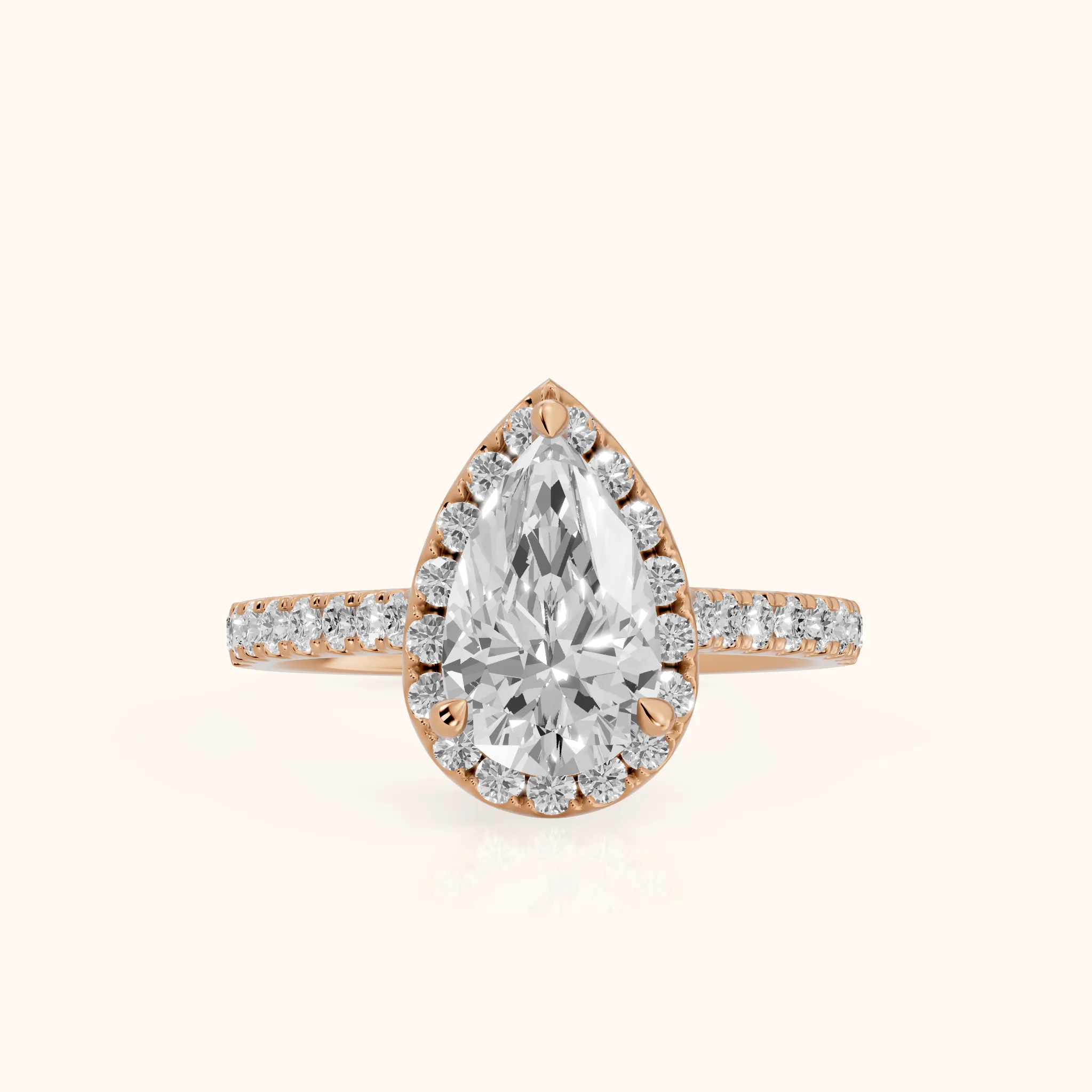 Amara Halo Claw Prong Pear Diamond Ring in Rose Gold — view 1