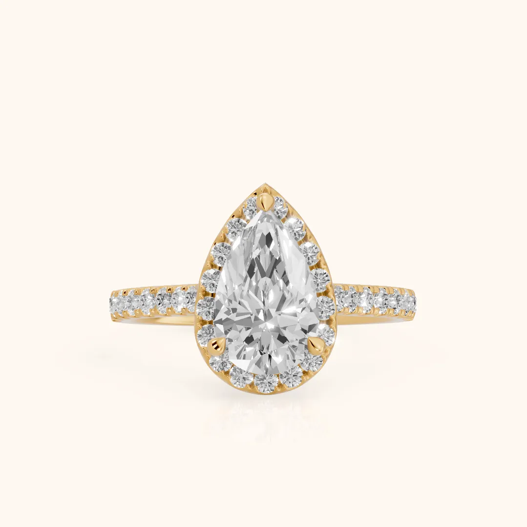 Amara Halo Claw Prong Pear Diamond Ring in Yellow Gold — view 2
