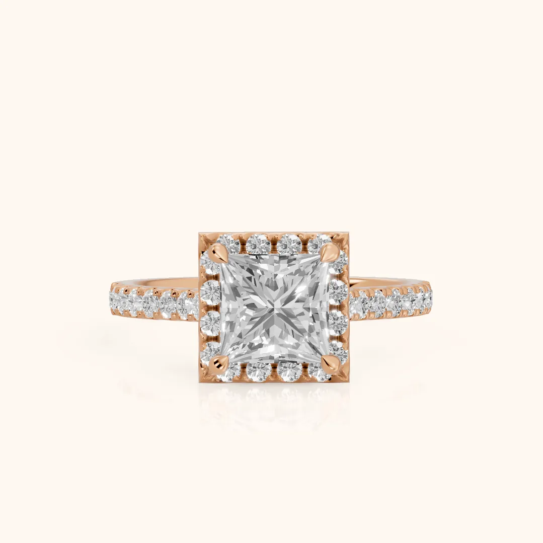 Amara Halo Claw Prong Princess Diamond Ring in Rose Gold — view 2