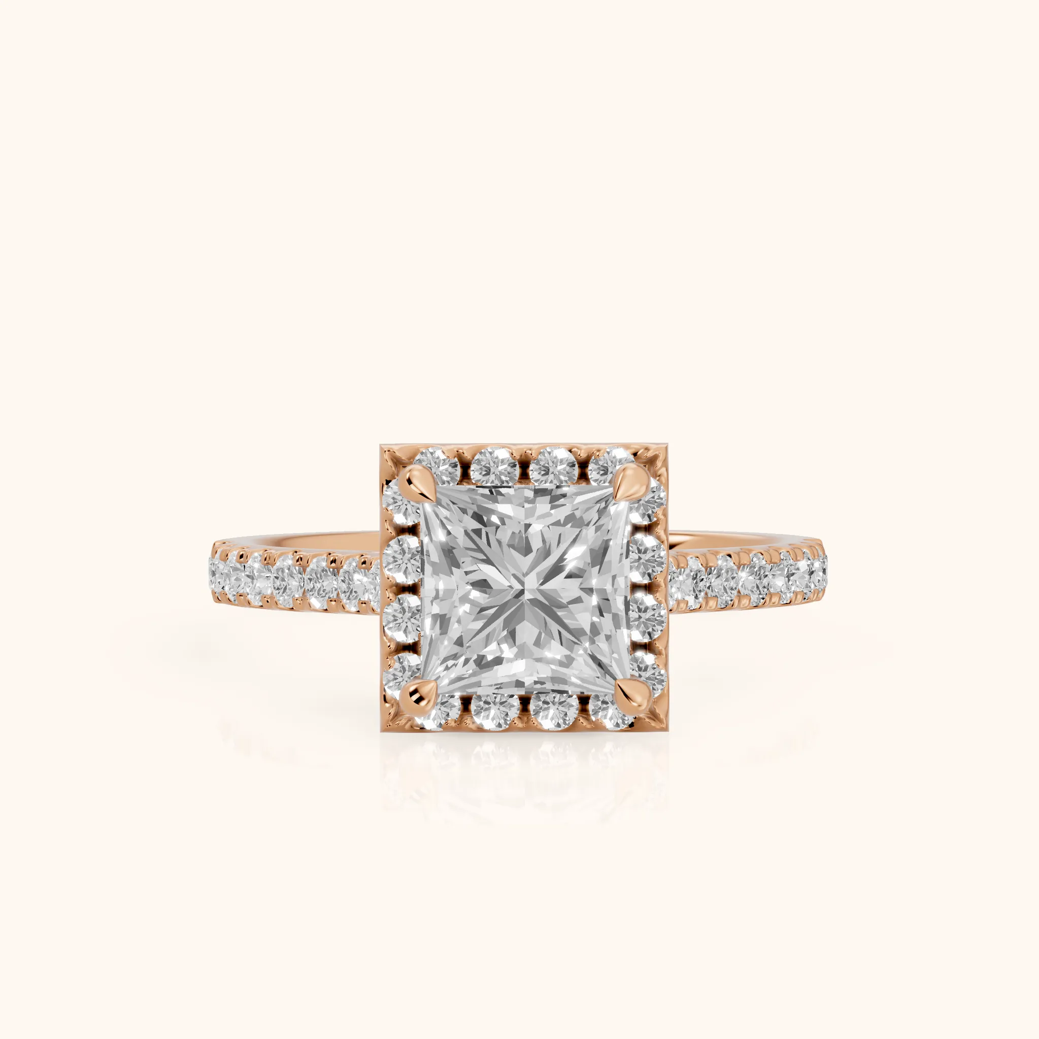 Amara Halo Claw Prong Princess Diamond Ring in Rose Gold — view 1