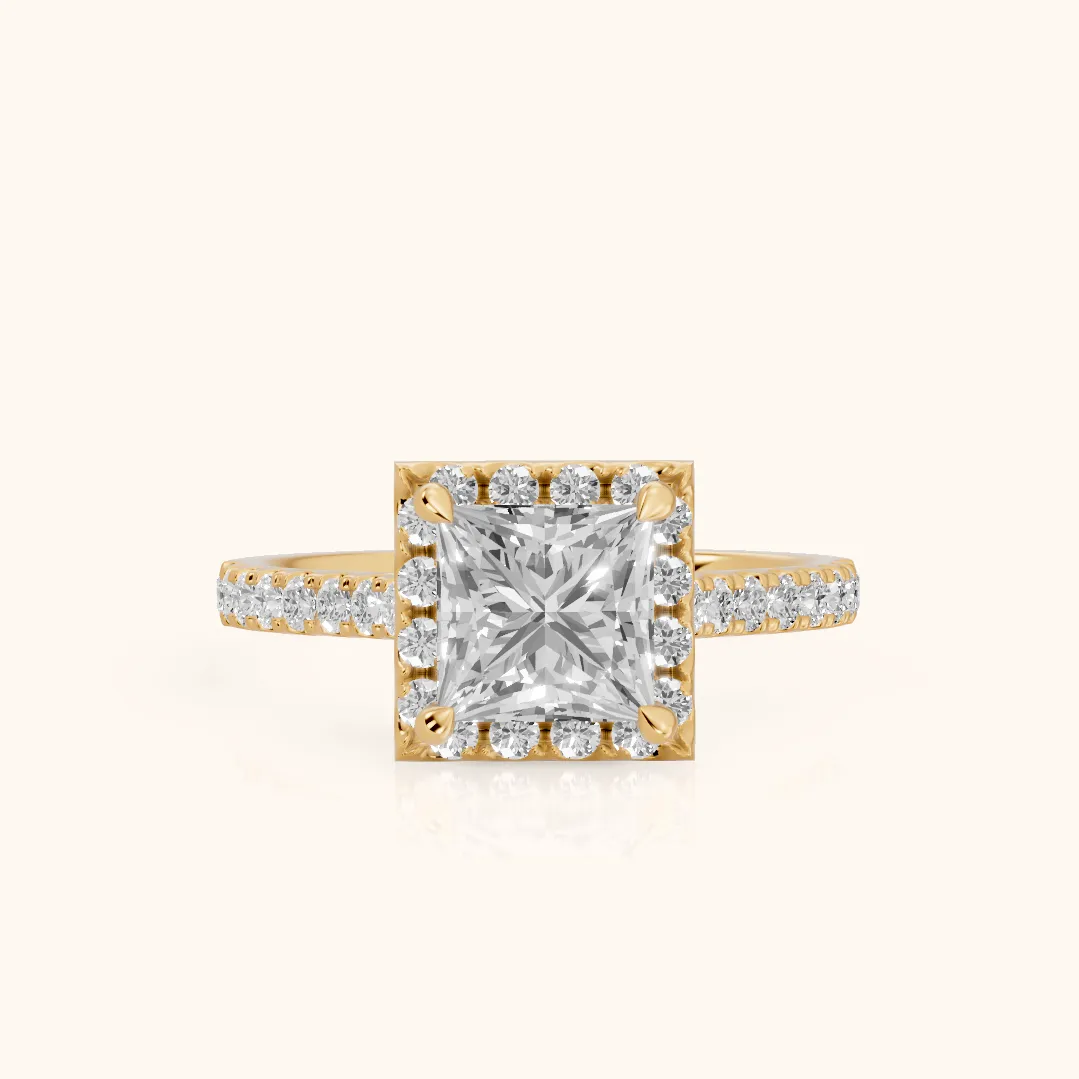 Amara Halo Claw Prong Princess Diamond Ring in Yellow Gold — view 2