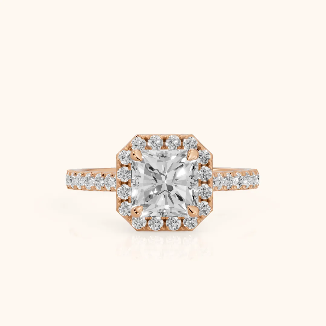 Amara Halo Claw Prong Radiant Diamond Ring in Rose Gold — view 2