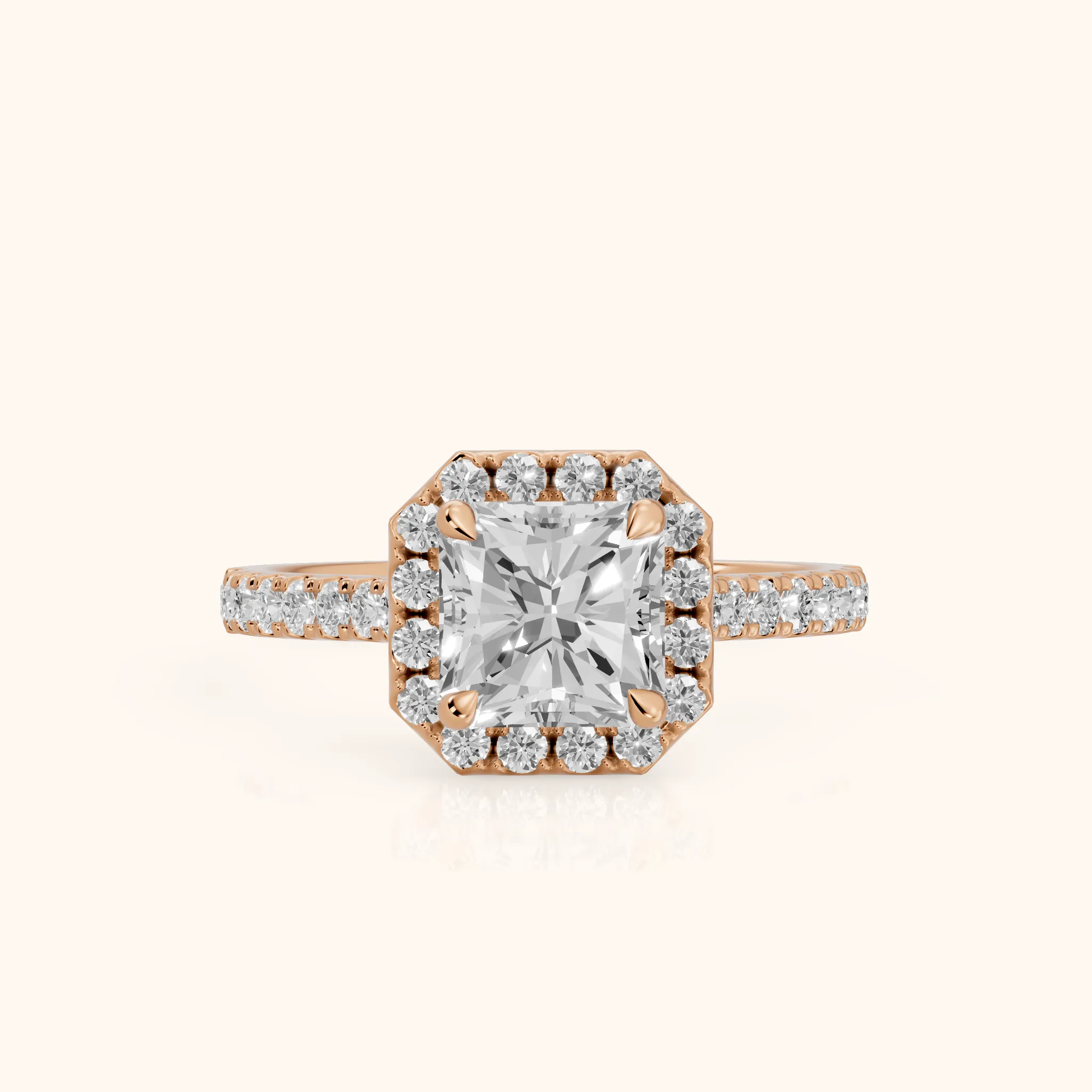 Amara Halo Claw Prong Radiant Diamond Ring in Rose Gold — view 1