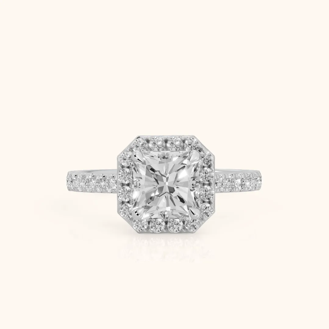 Amara Halo Claw Prong Radiant Diamond Ring in Silver — view 2
