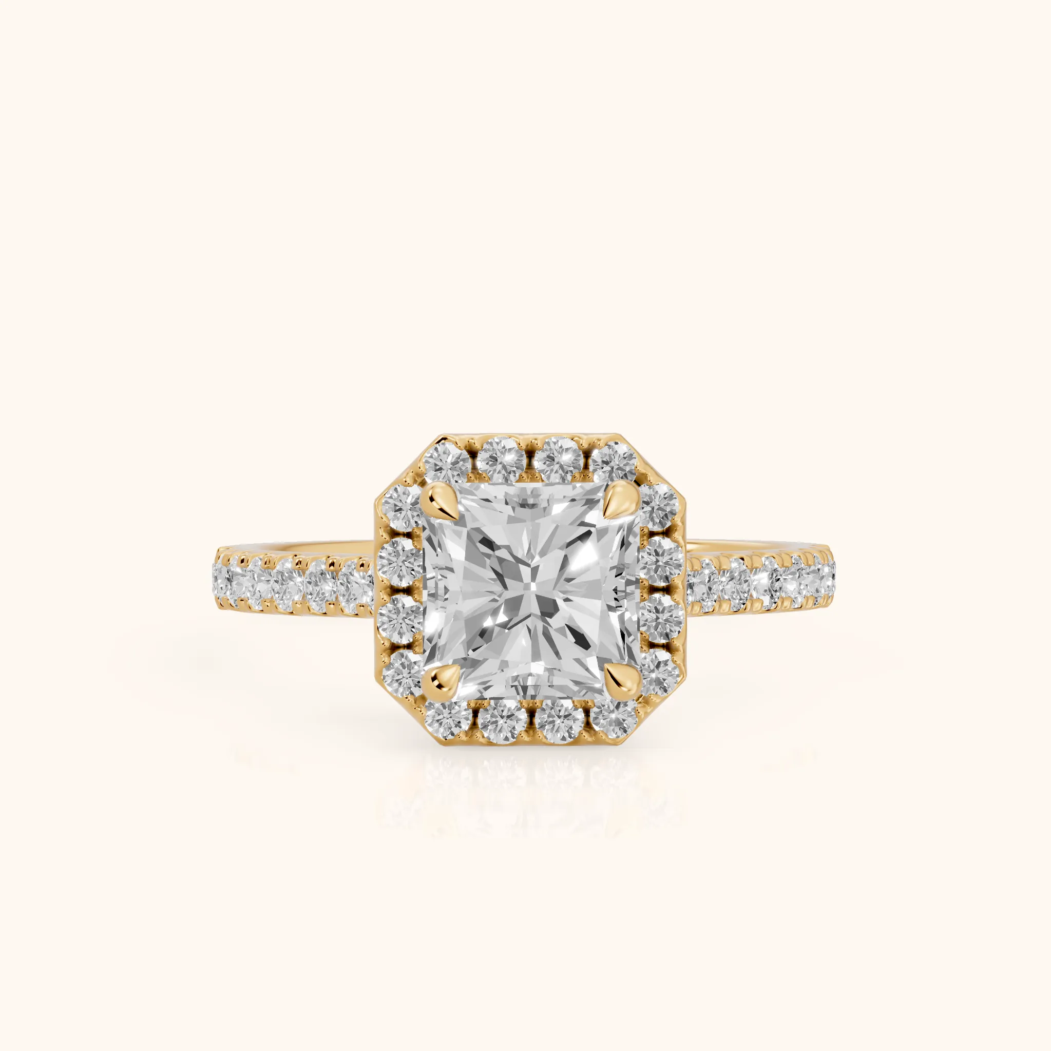 Amara Halo Claw Prong Radiant Diamond Ring in Yellow Gold — view 1