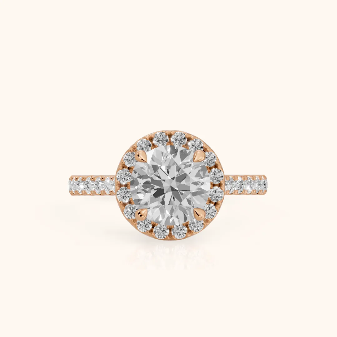Amara Halo Claw Prong Round Diamond Ring in Rose Gold — view 2