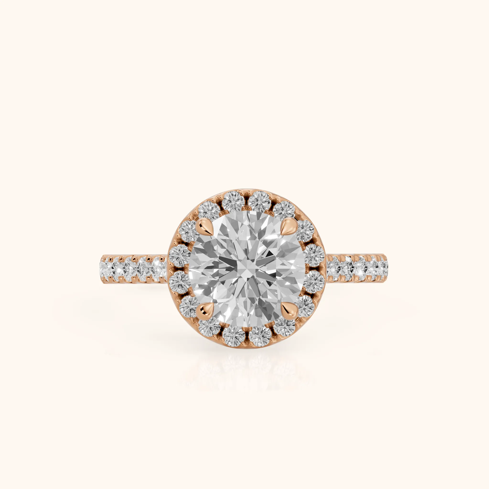 Amara Halo Claw Prong Round Diamond Ring in Rose Gold — view 1