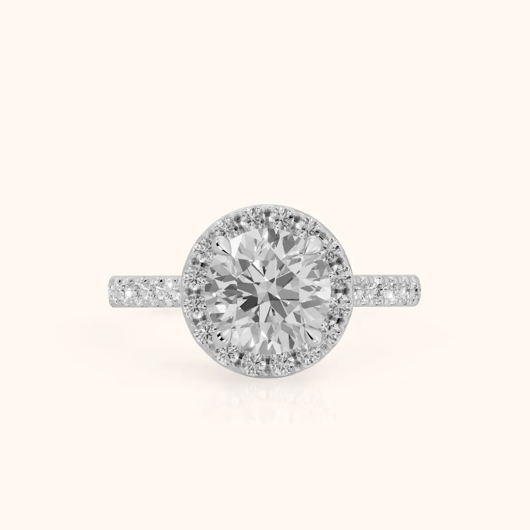 Amara Halo Claw Prong Round Diamond Ring in Platinum — view 2