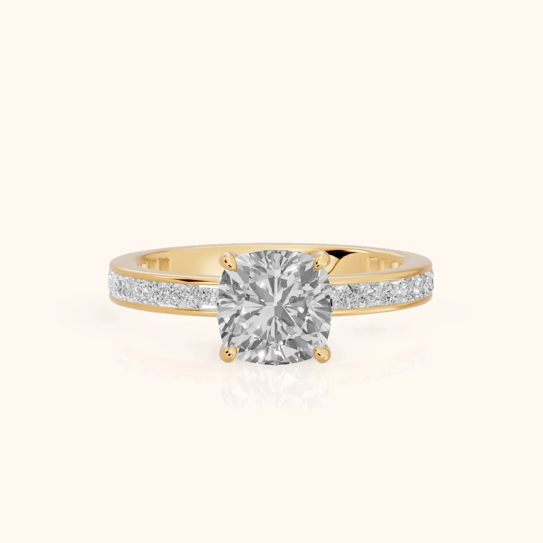 Brielle Channel Set Solitaire Cushion Diamond Ring in Yellow Gold — view 2